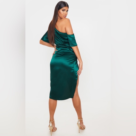 Emerald Green One Shoulder Ruched Skirt Midi Dress size 4 - Picture 5 of 5